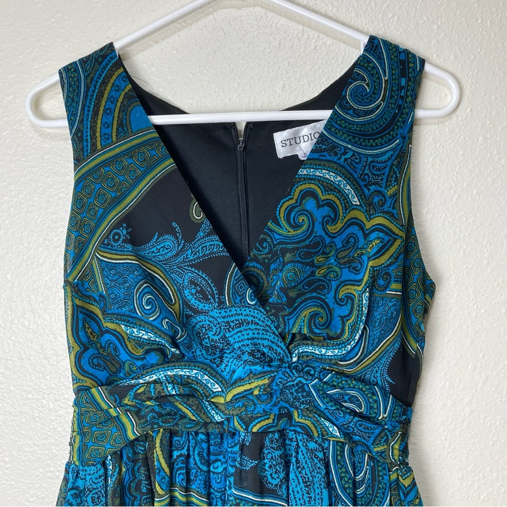 Studio I Paisley Midi Dress Blue  Green Sleeveless Empire Waist Pleated Sz 8 - Picture 16 of 16